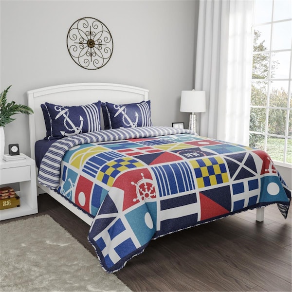 Lhc 3 Piece Quilt Bedspread Set with Exclusive Mariner Design - Full & Queen Size - 66-Q003FQ