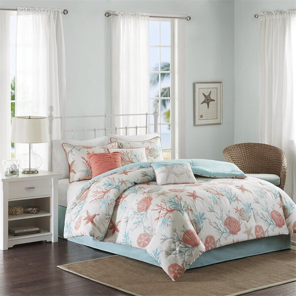 Madison Park 7 Piece Cotton Sateen Printed Comforter Set, California King, Coral, 7PK - MP10-2706