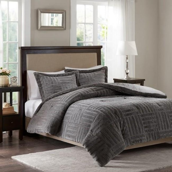 Premier Comfort Premier Comfort BASI10-0408 Arctic Checkboard Brushed Long Fur Comforter Mini Set; Grey - Full & Queen - BASI10-0408
