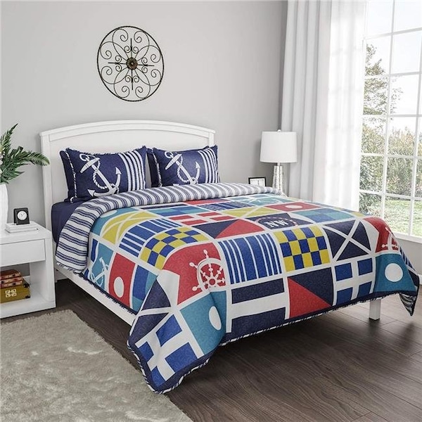Bedford Home Bedford Home 66A-18888 Quilt Bedspread Exclusive Mariner Design 3 Piece Full & Queen Size Set - 66A-18888