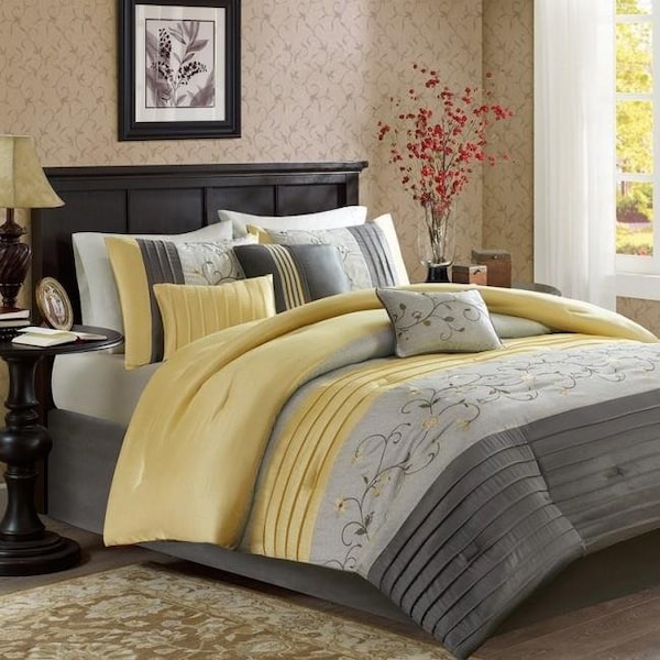 Madison Park Madison Park MP10-4185 Serene Embroidered Comforter Set; Yellow - Queen - 7 Piece - MP10-4185