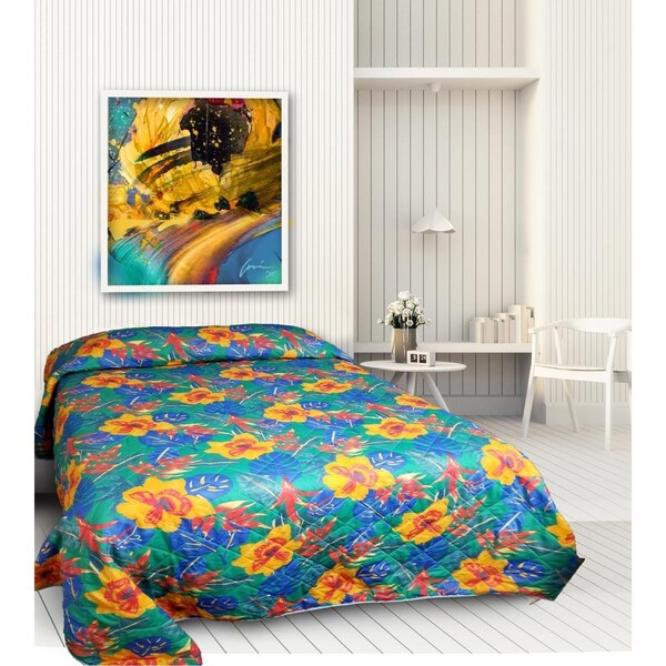 Kd Bufe Quilted Tropical Print Bedspread, Blue, Orange & Yellow - King Size - KD3186608