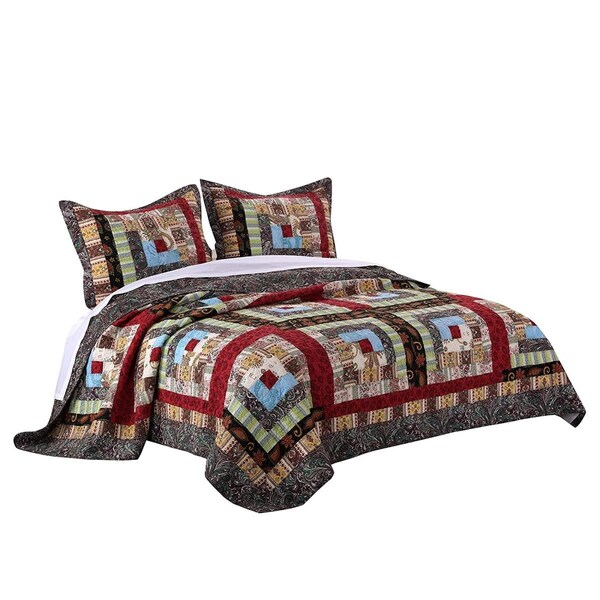 Benzara Thames Cotton Quilt Set with Log Cabin Pattern, Multi Color - King Size - 3 Piece - BM101902