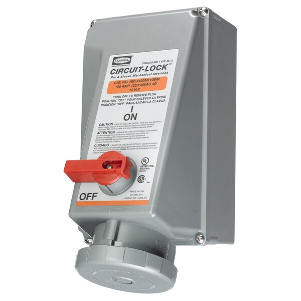 Hubbell Wiring Device-Kellems Unfused Circuit-Lock Interlock Device- Reversed Service, Mechanical Interlock, IEC, 3P4W, 100A 125/250V - HBL4100MI12WR