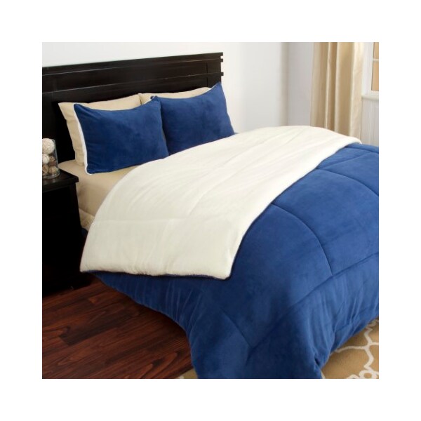 Hastings Home Hastings Home  3 Piece Sherpa/Fleece Comforter Set - Full/Queen - Navy - 631633REV