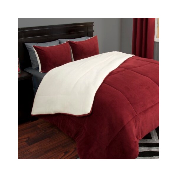 Hastings Home Hastings Home 3 Piece Sherpa/Fleece Comforter Set - Full/Queen - Burgundy - 508761TJG