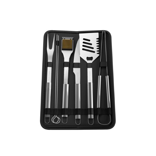 Hastings Home BBQ Grill Tool Stainless Steel Barbecue Grilling Set, 7 Utensils, Spatula, Tongs, Knife with Case - 244022SUZ