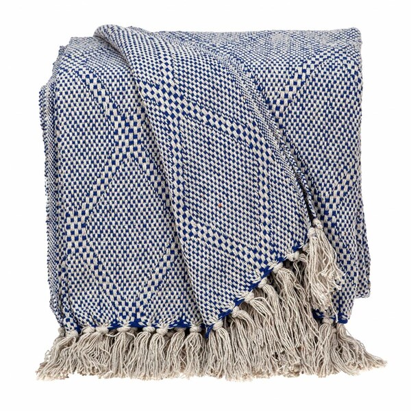 Homeroots Blue & Beige Woven Handloom Throw with Tassels - 476218