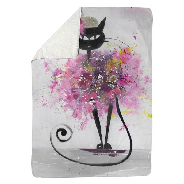 Kd Cuna 60 x 80 in. Cartoon Cat with Pink Flowers-Sherpa Fleece Blanket - KD2790204