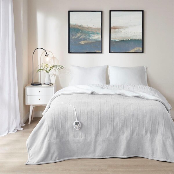 Serta 100 Percent Polyester Fleece to Sherpa Heated Blanket, Light Grey - Full Size - ST54-0138