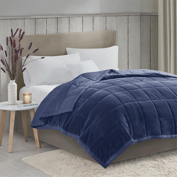 Madison Park Navy 100 Percent Polyester Reversible Plush to Microfiber DA Blanket - MP51-6380