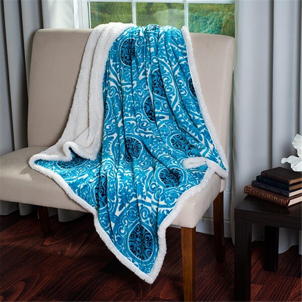 Daphnes Dinnette Printed Coral Soft Fleece Sherpa Throw Blanket - Blue - DA3236310