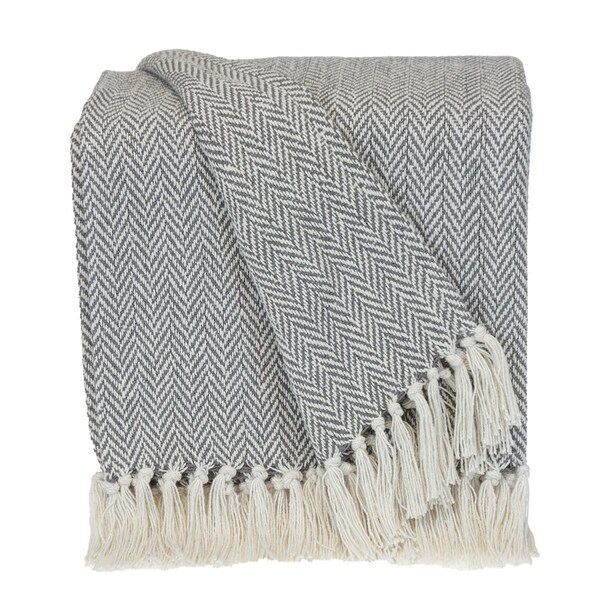Homeroots Handloomed Light Gray Cotton Throw Blanket with Tassels, Beige - 476199