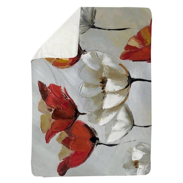 Begin Home Decor 60 x 80 in. Abstract Red & White Flowers-Sherpa Fleece Blanket - 5545-6080-FL3
