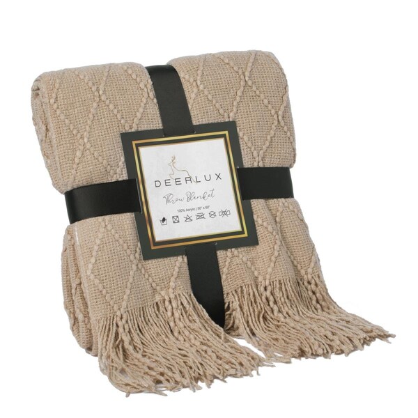 Kd Muebles De Comedor 60 x 50 in. Decorative Diamond Pattern Knit Throw Blanket with Fringe, Khaki - KD3720685