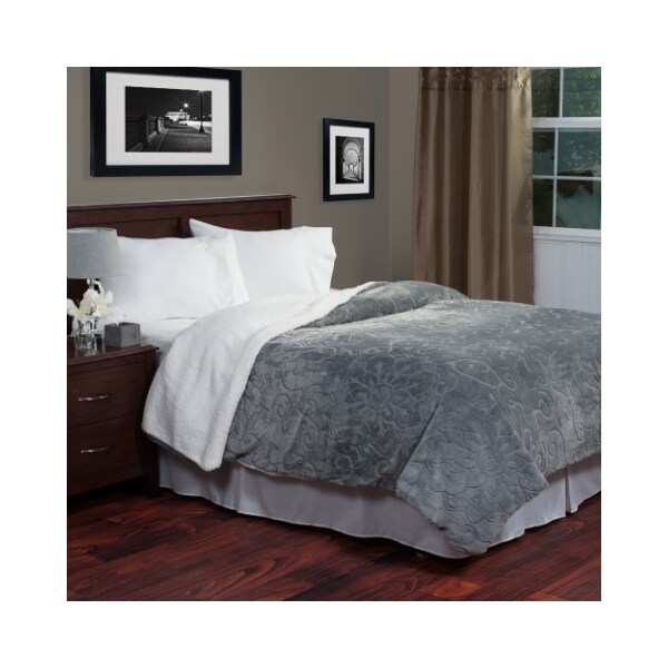 Hastings Home Hastings Home Floral Etched Fleece Blanket with Sherpa-F/Q-Grey - 861587HMV