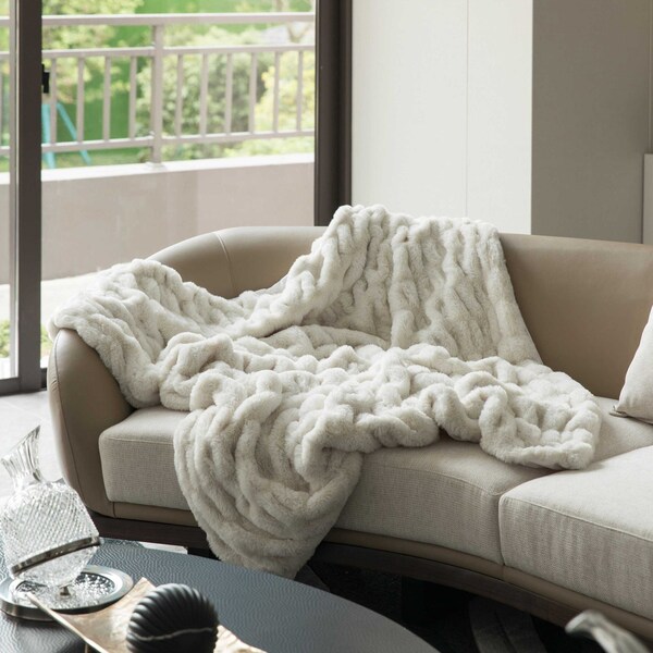 Deerlux Decorative 50 in. x 60 in. Comfortable Ruched Faux Fur Cozy Throw Blanket for Sofa and Bed, White - QI004049.WT