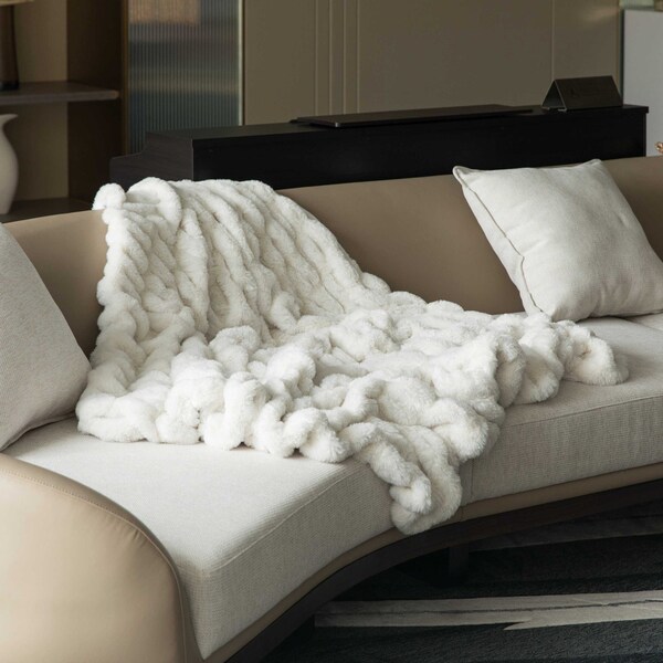 Deerlux Decorative 50 in. x 60 in. Comfortable Ruched Faux Fur Cozy Throw Blanket for Sofa and Bed, White - QI004049.WT