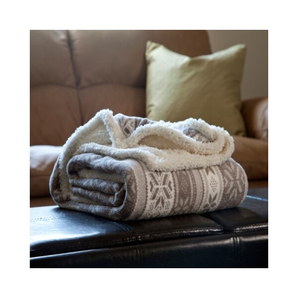 Hastings Home Hastings Home Fleece Sherpa Blanket Throw - Gray Snowflakes - 733093FWW