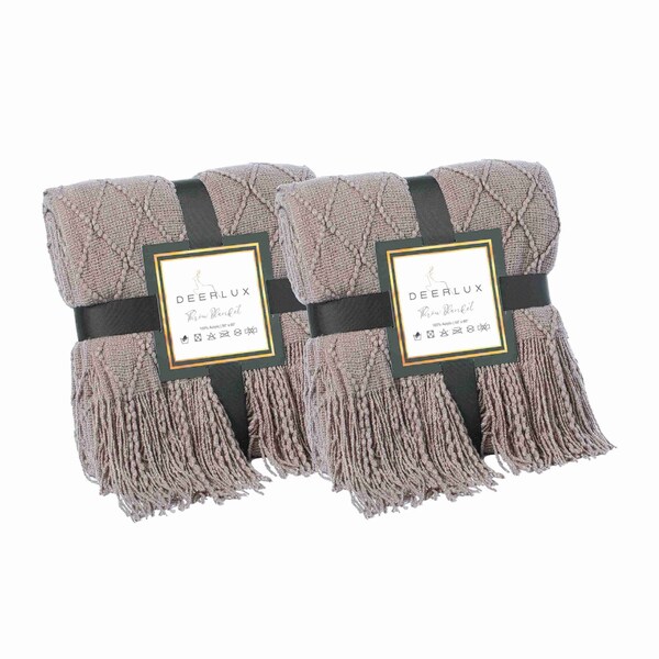 Deerlux Set of 2 Decorative Knit Throw Blanket, 50x60 in, Boasting a Durable Diamond Pattern Design - QI003966.GY.2