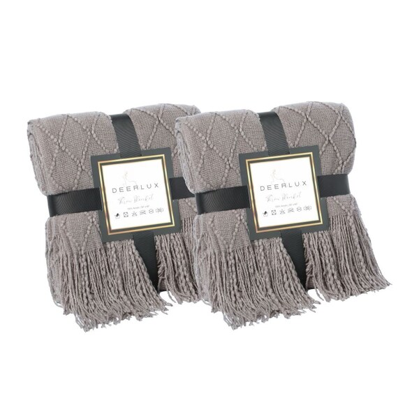 Deerlux Set of 2 Decorative Knit Throw Blanket, 50x60 in, Boasting a Durable Diamond Pattern Design - QI003966.GY.2