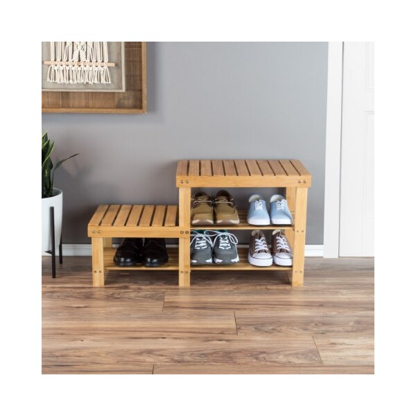 Hastings Home 2-tier Bamboo Shoe Rack Bench and 2 Seat Heights, Storage and Organization for Hallway, Bedroom - 909958LES