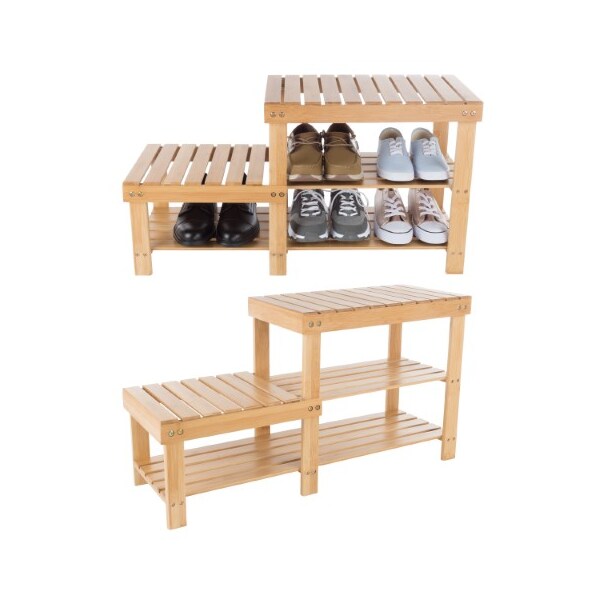 Hastings Home 2-tier Bamboo Shoe Rack Bench and 2 Seat Heights, Storage and Organization for Hallway, Bedroom - 909958LES