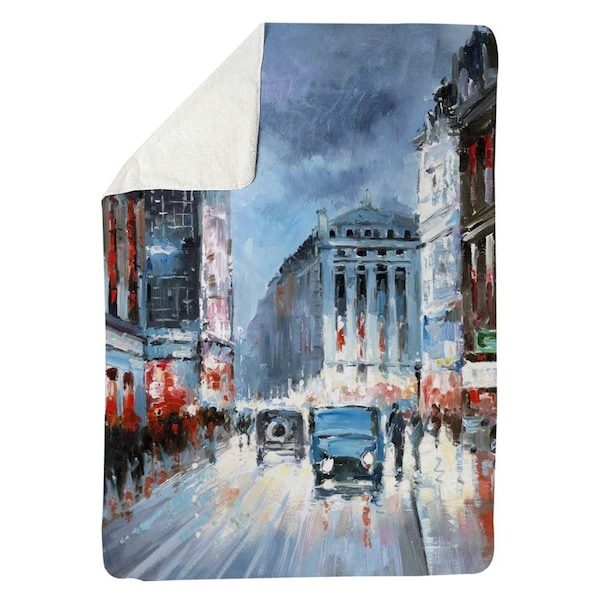 Begin Home Decor 60 x 80 in. Abstract Red & Blue City-Sherpa Fleece Blanket - 5545-6080-CI169