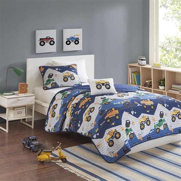 Mi Zone Kids Blue 100 Percent Polyester Brushed Printed Coverlet Set, Twin Size - MZK13-166