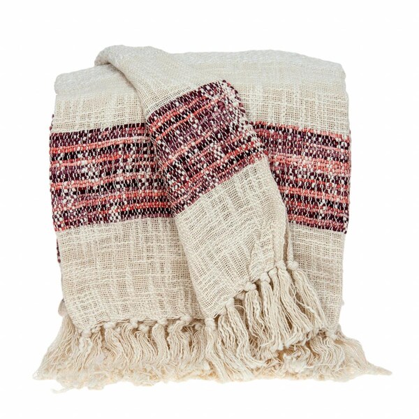 Palacedesigns Beige & Shades of Pink Strips Woven Handloom Throw Blanket - PA3676840