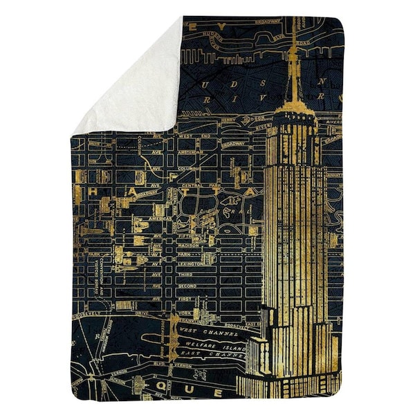 Begin Home Decor 60 x 80 in. Gold City Blue Print-Sherpa Fleece Blanket - 5545-6080-CI80