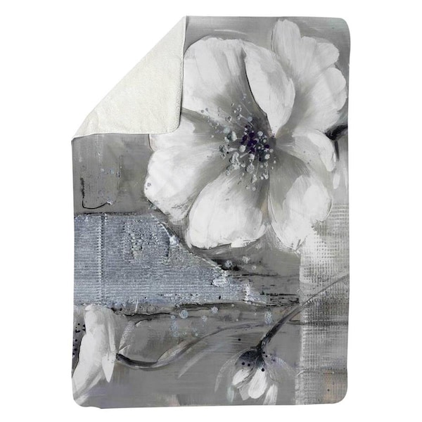 Begin Home Decor 60 x 80 in. Monochrome & Silver Flowers-Sherpa Fleece Blanket - 5545-6080-FL37