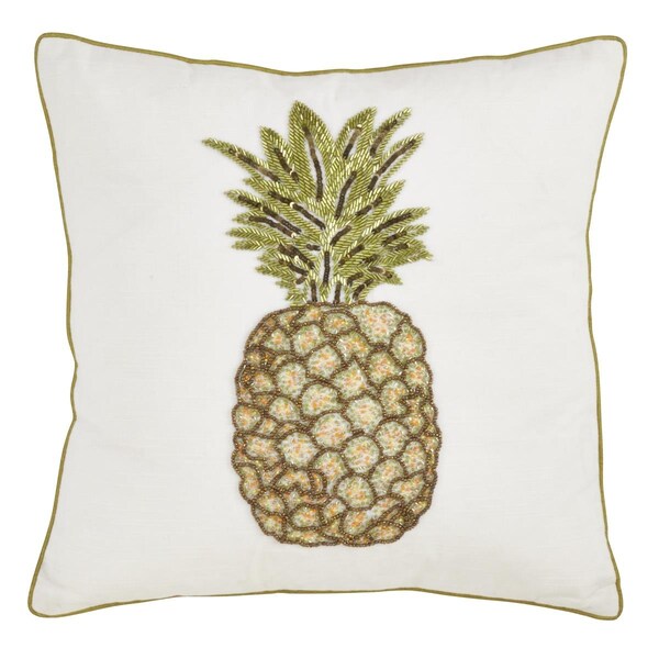 Rlm Distribution SARO  18 in. Square Cotton Throw Pillow with Beaded Pineapple Design &amp; Poly Filling - White - HO2657469