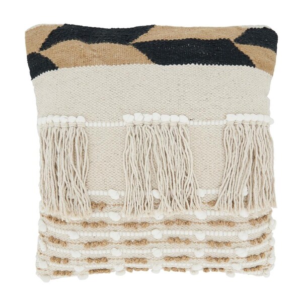 Vecindario 18 in. Fringe Boho Square Throw Pillow Cover, Ivory - VE2658463