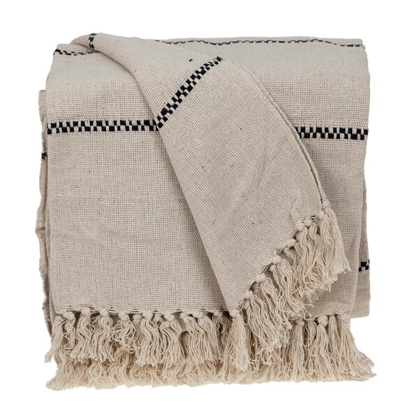 Homeroots Classic Beige Woven Handloom Throw Blanket with Tassels - 476211