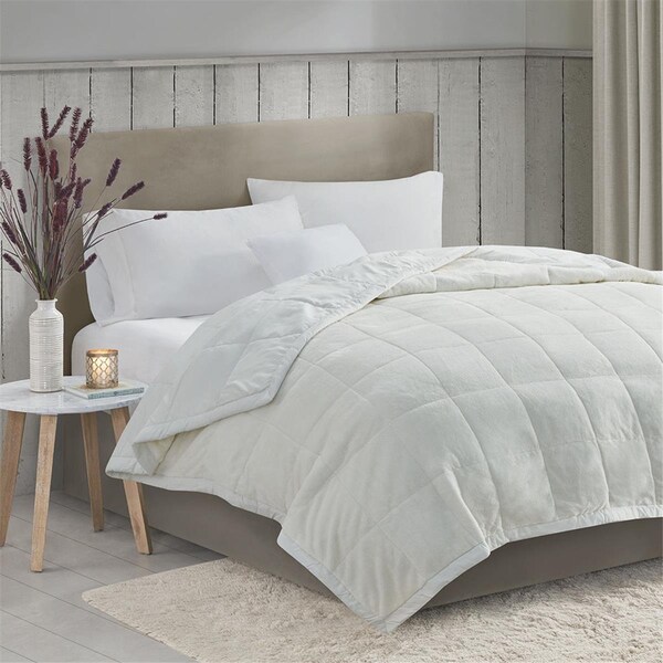Madison Park Ivory 100 Percent Polyester Reversible Plush to Microfiber DA Blanket - MP51-6374