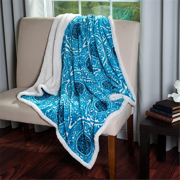 Lavish Home Lavish Home  Printed Coral Soft Fleece Sherpa Throw Blanket - Blue - 61-00010-BLU