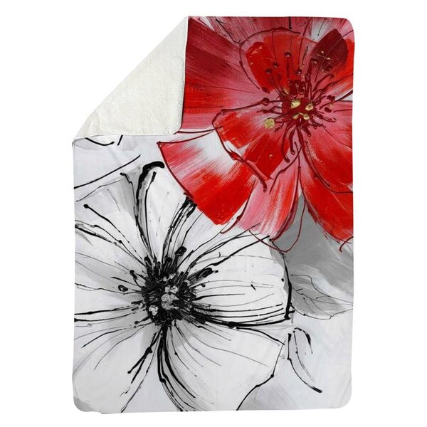 Begin Home Decor 60 x 80 in. Red & White Flowers Sketch-Sherpa Fleece Blanket - 5545-6080-FL44