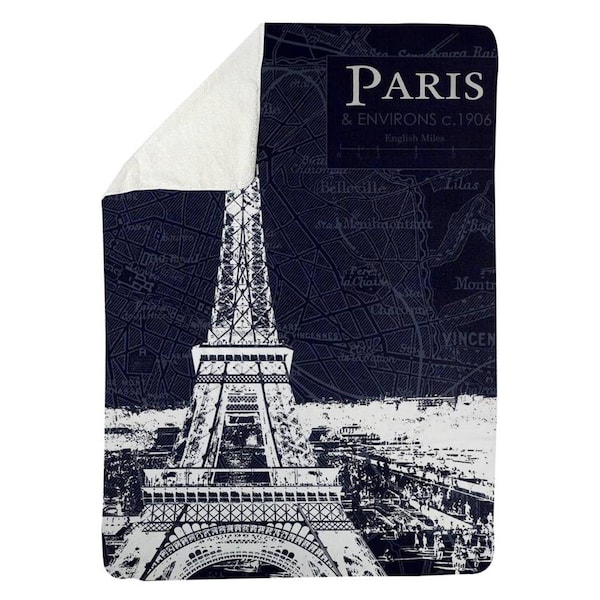 Begin Home Decor 60 x 80 in. Paris Blue Print & Eiffel Tower-Sherpa Fleece Blanket - 5545-6080-CI103