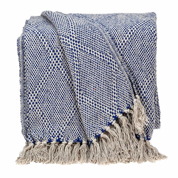 Palacedesigns Blue & Beige Woven Handloom Throw with Tassels - PA3671537