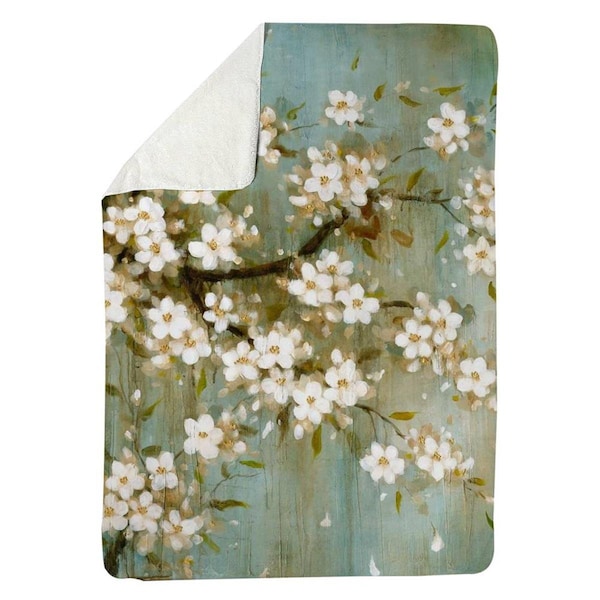 Kd Cuna 60 x 80 in. White Cherry Blossom-Sherpa Fleece Blanket - KD2785842