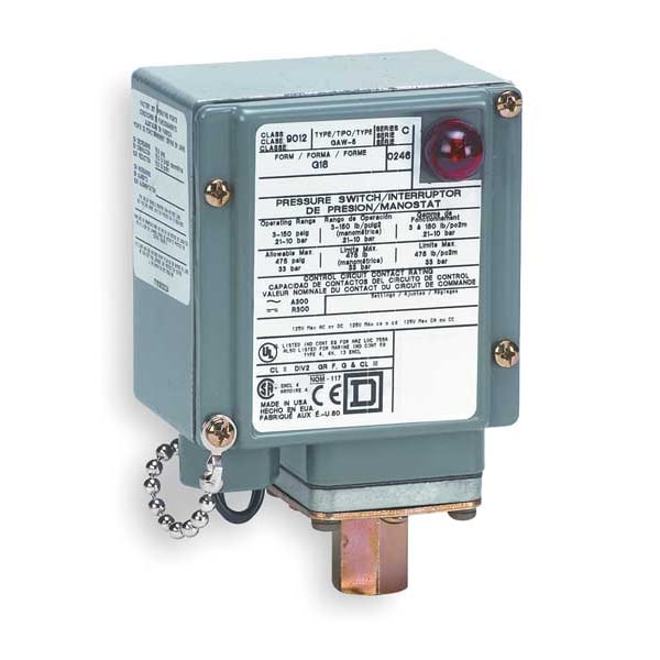 Interruptor de presión Telemecanique Sensors, (1) puerto, 1/4-18 en FNPT, SPDT, 3 a 150 psi, Acción estándar - 9012GAW5G17