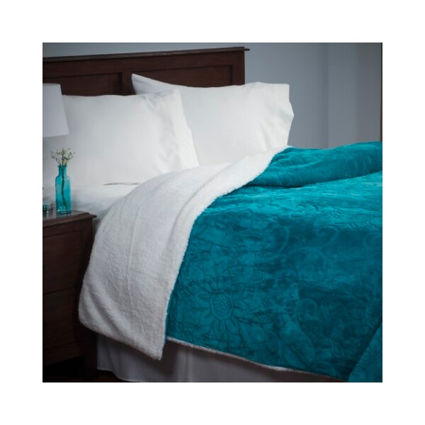 Hastings Home Hastings Home Floral Etched Fleece Blanket with Sherpa-F/Q-Teal - 348720NTQ