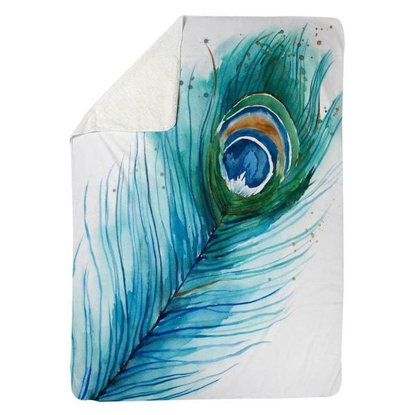 Begin Home Decor 60 x 80 in. Long Peacock Feather-Sherpa Fleece Blanket - 5545-6080-AN357