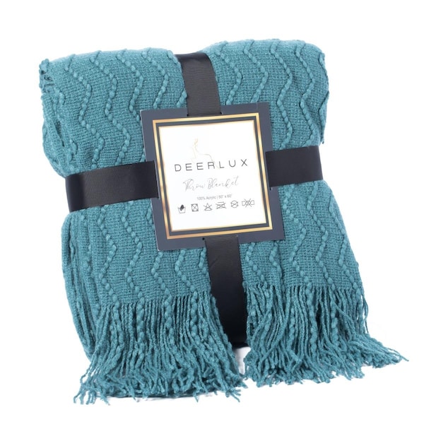 Kd Muebles De Comedor 60 x 50 in. Decorative Chevron Pattern Knit Throw Blanket with Fringe, Blue - KD3734053