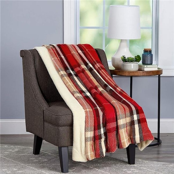 Bedford Home Bedford Home 66A-29348 Blanket Oversized Plush Woven Polyester Sherpa Fleece Plaid Throw - Vineyard - 66A-29348