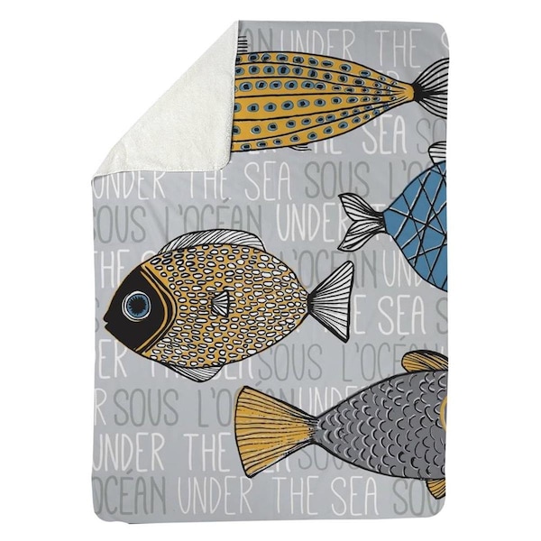 Begin Home Decor 60 x 80 in. Fishes Illustration-Sherpa Fleece Blanket - 5545-6080-AN192