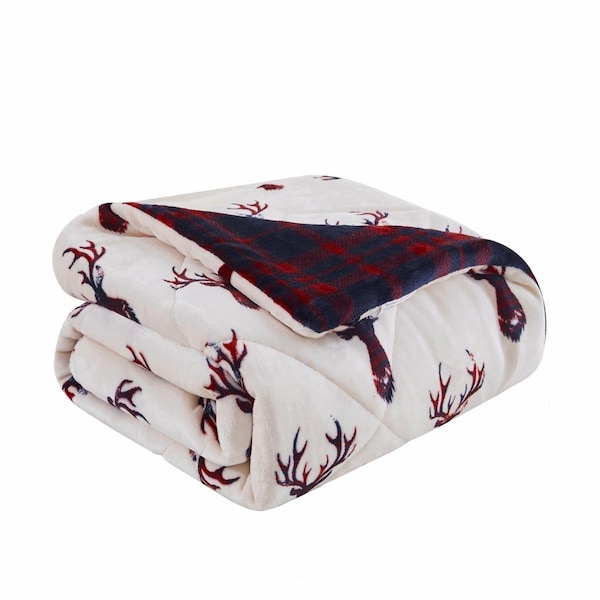 Homeroots Printed Velvet & Velvet Throw Blanket, Deer Head Red & Navy - 478070