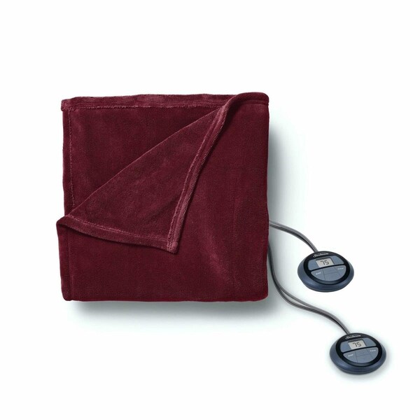 Sunbeam Electric Heated Micro Plush Blanket with Dual Digital Display Controllers, Garnet - Queen Size - 2152515