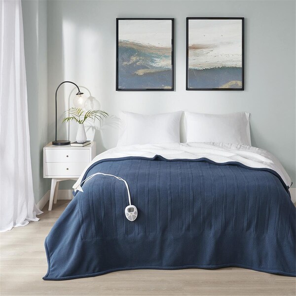 Serta Blue 100 Percent Polyester Fleece to Sherpa Heated Blanket, Queen Size - ST54-0100
